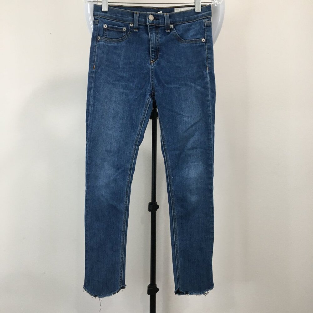 RAG & BONE Hague Wash 10 Inch Skinny Faux Pockets Logo Button Raw Edge Hem Jeans